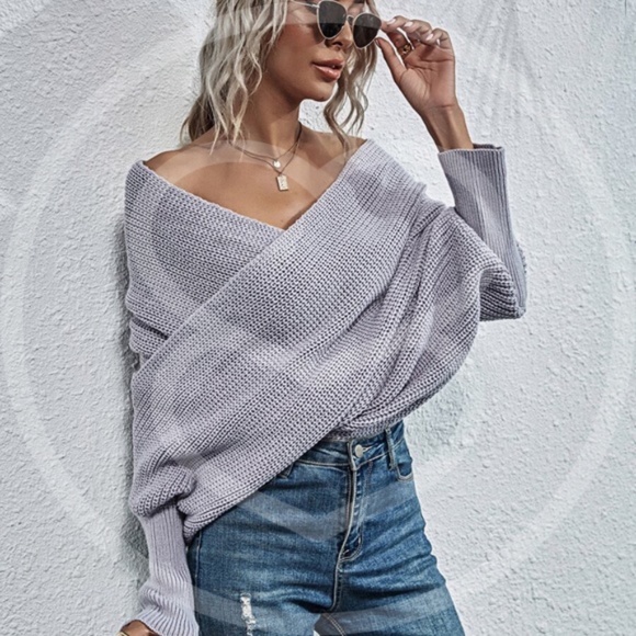 off shoulder knit wrap sweater fall autumn- GREY - Picture 13 of 14